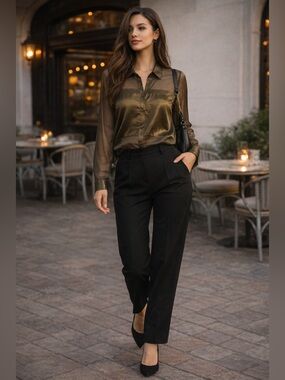 Zara Sheer Metallic Blouse Olive Button Up XS